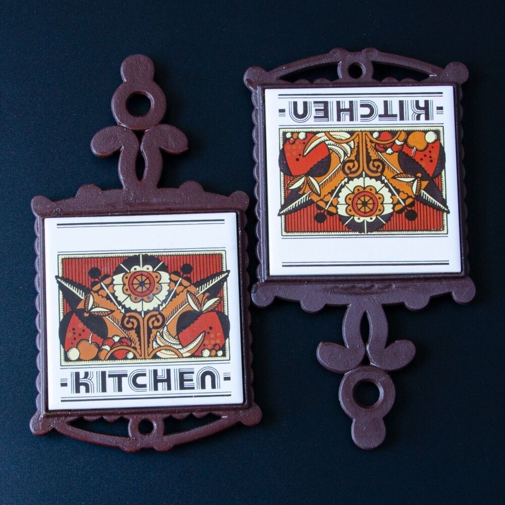 Cast Metal Trivet Fruit Ceramic Tile MCM Granny Cottage 70’s Hippie Brown Red